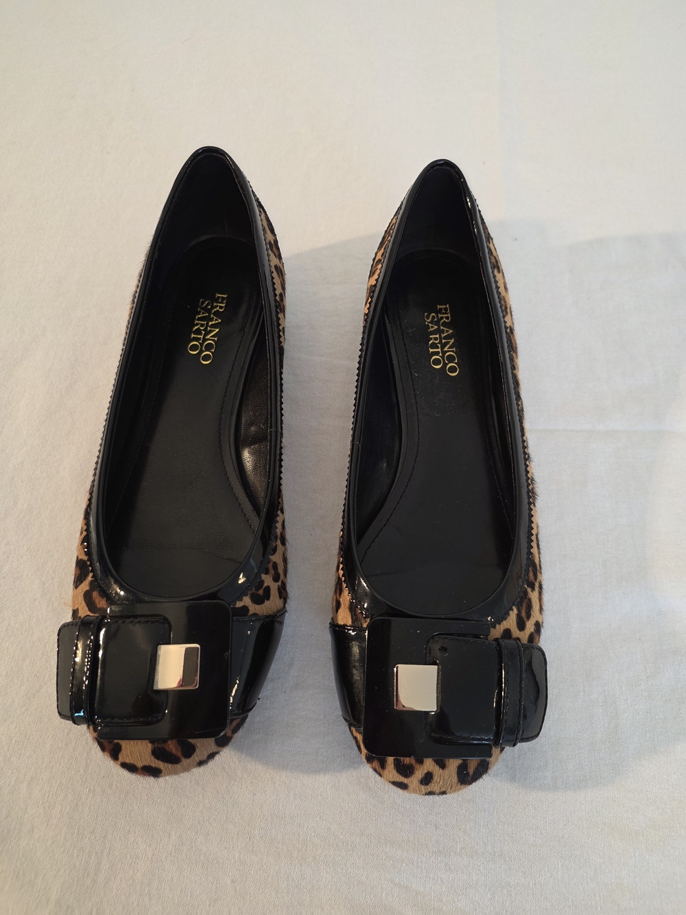 Franco Sarto Leopard Print Ballet Flats with Black Patent Buckle. Size 9